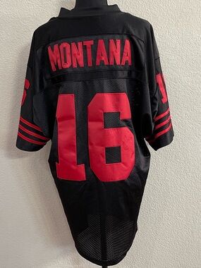 Mitchell & Ness Joe Montana Black Jersey with Red Throwbacks Label.